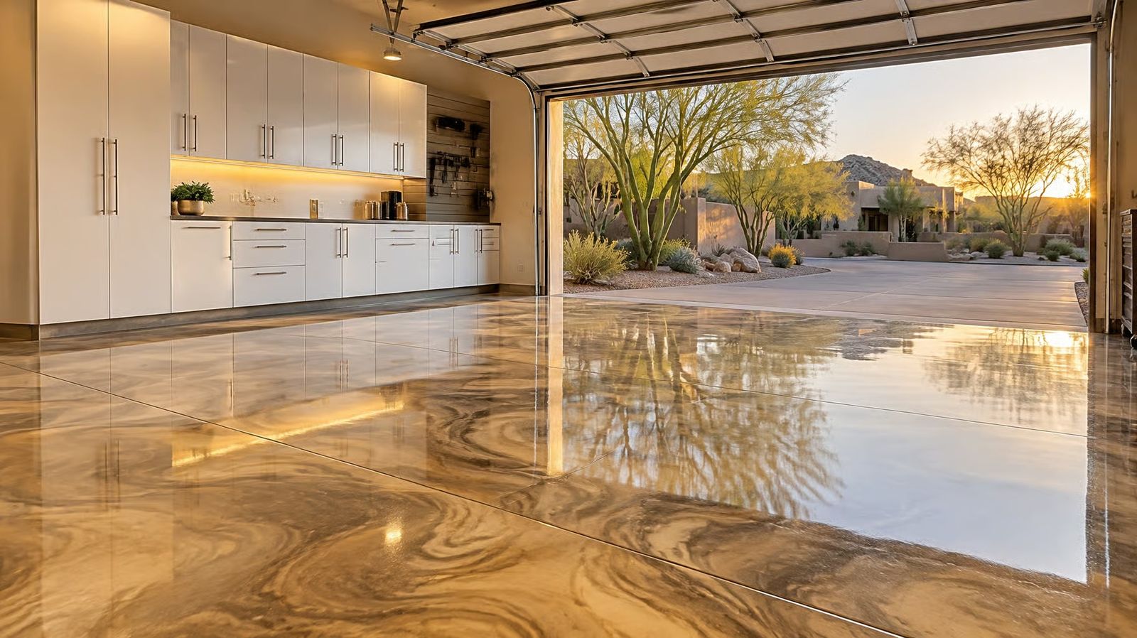 Metallic epoxy garage floor in a Chandler, AZ home opening onto a desert yard