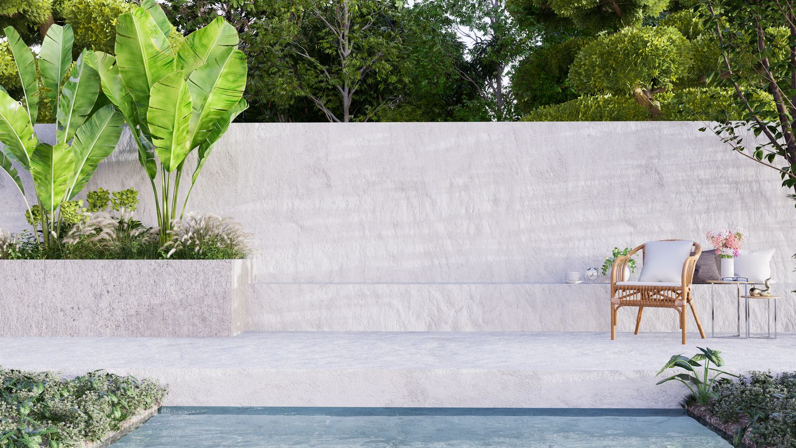 Modern concrete patio with light-colored finish and plants
