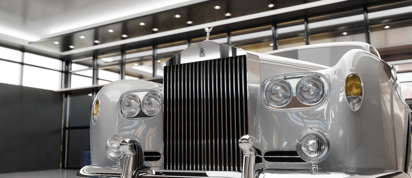 Classic car on a high-gloss showroom floor